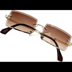 Vintage-Inspired Rectangular Rimless Sunglasses with Gold Accents